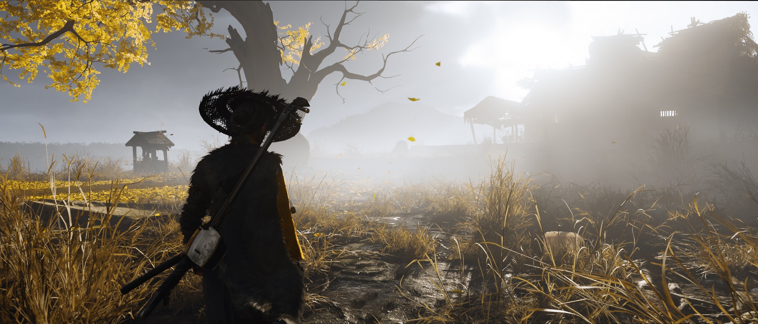Ghost of Yōtei – Atsu vor einem alten Gehöft im Herbst