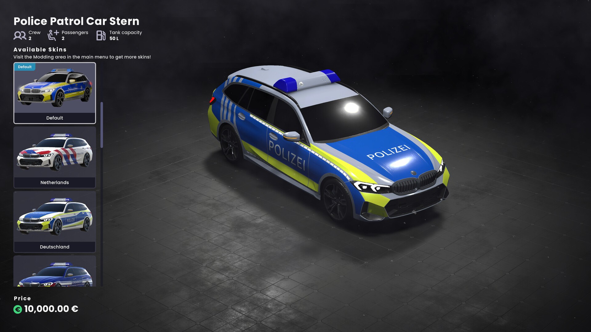 Global Rescue: Polizeistreifenwagen im Fahrzeugmenü