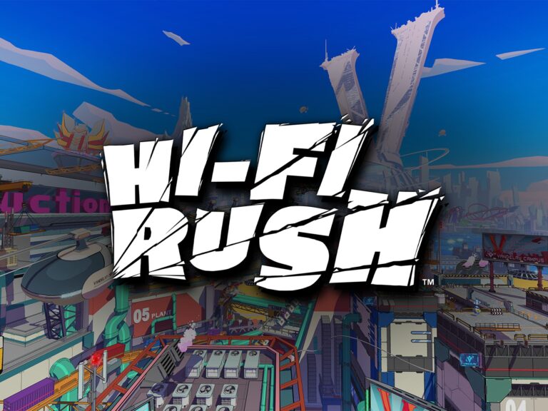Hi-Fi Rush – Artikelbild mit Logo über der Stadt