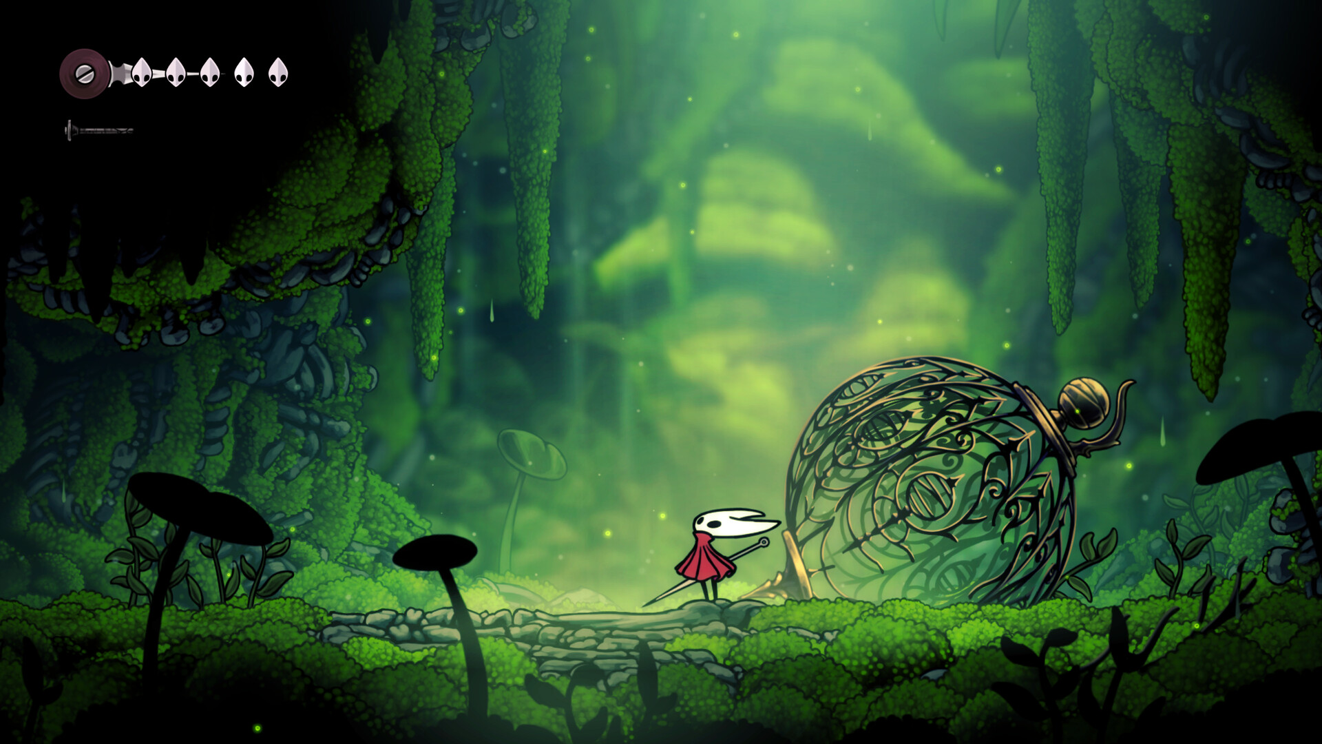 Hollow Knight: Silksong – Hornet im moosgrünen Wald neben einem verzierten Käfig