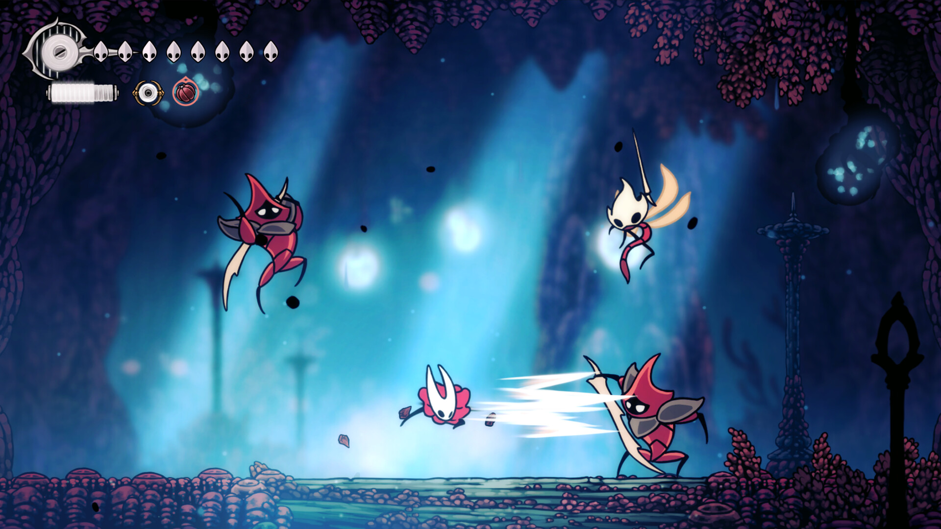 Hollow Knight: Silksong – Hornet kämpft in einer blauen Höhle gegen rote Insektenkrieger