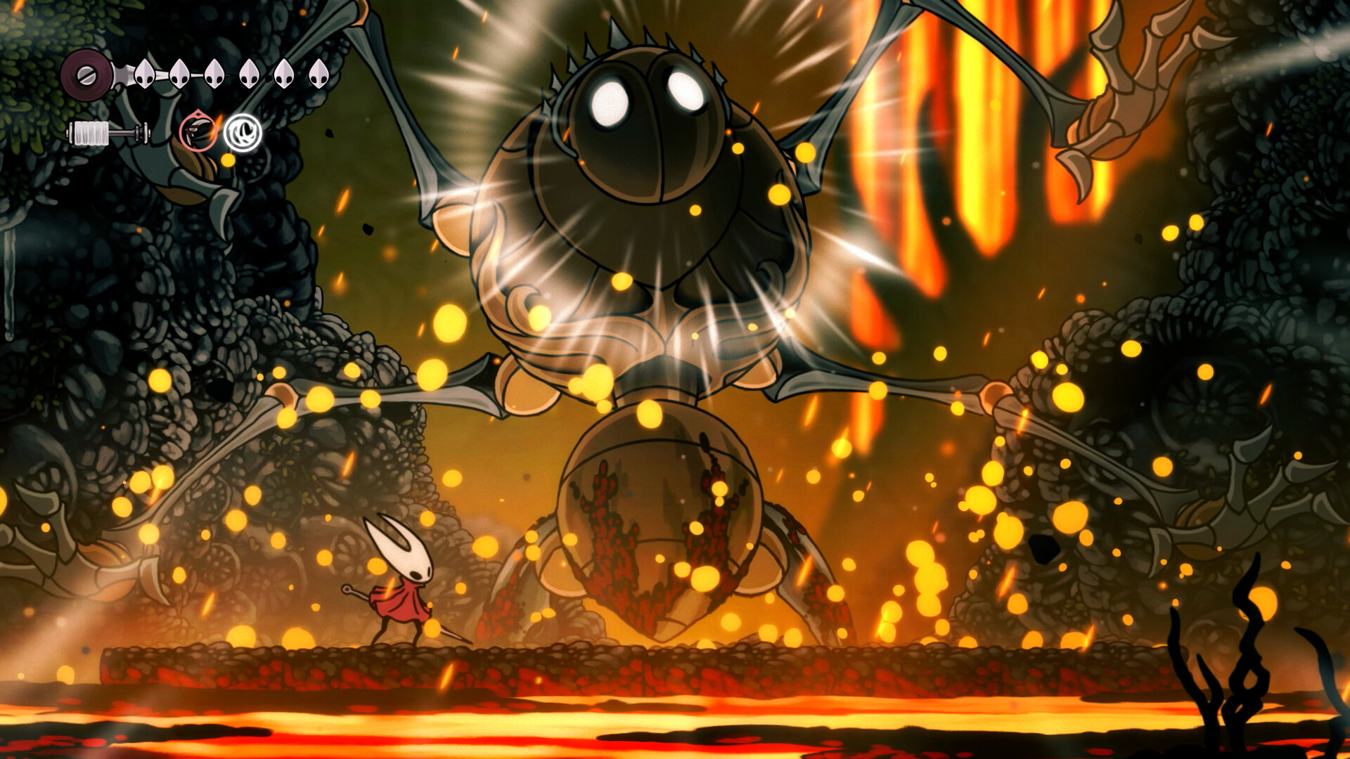 Hollow Knight: Silksong – Bosskampf gegen eine riesige Kreatur vor glühender Lava