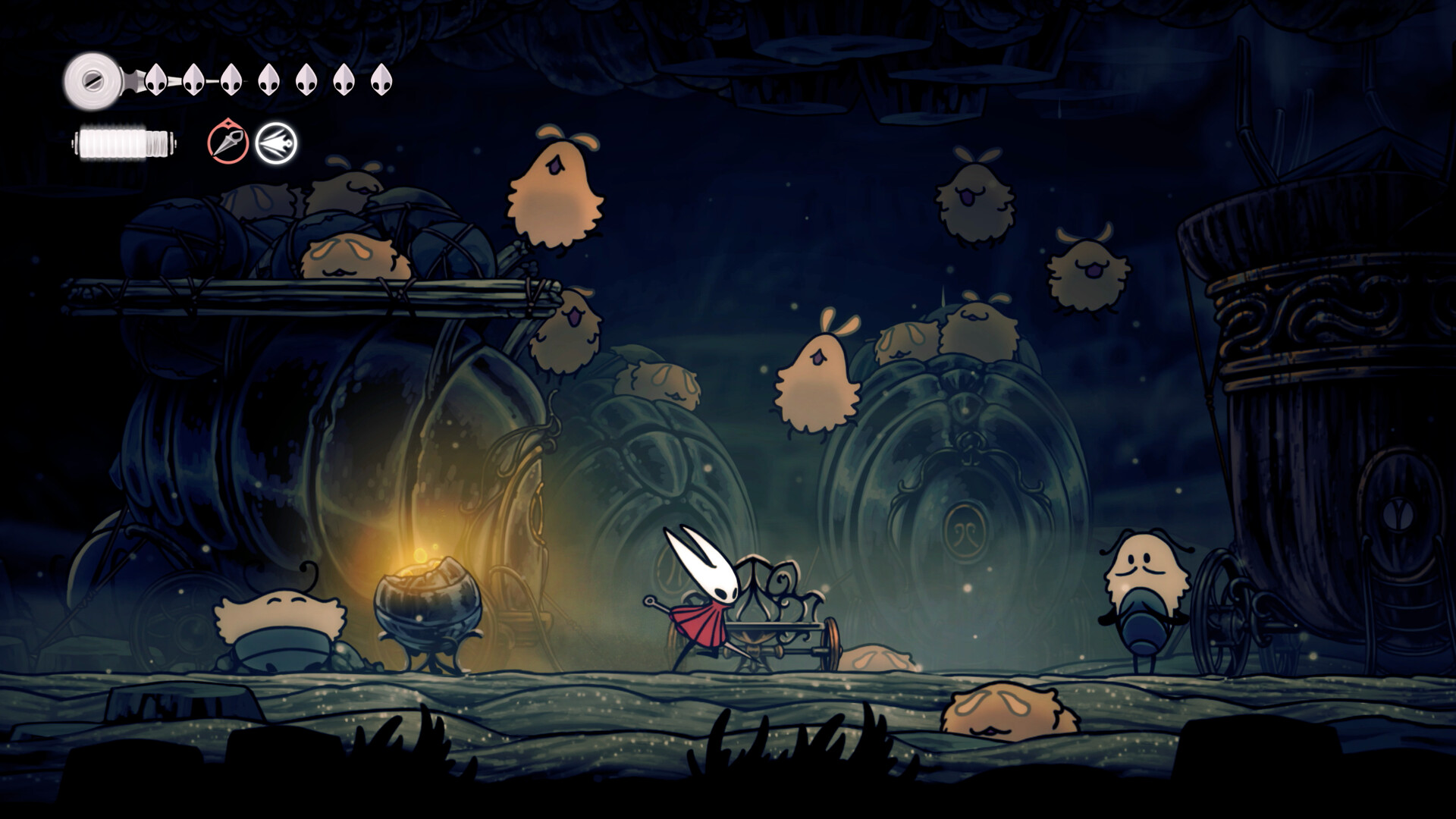 Hollow Knight: Silksong – Hornet unter freundlichen Bewohnern in einer dunklen Stadt