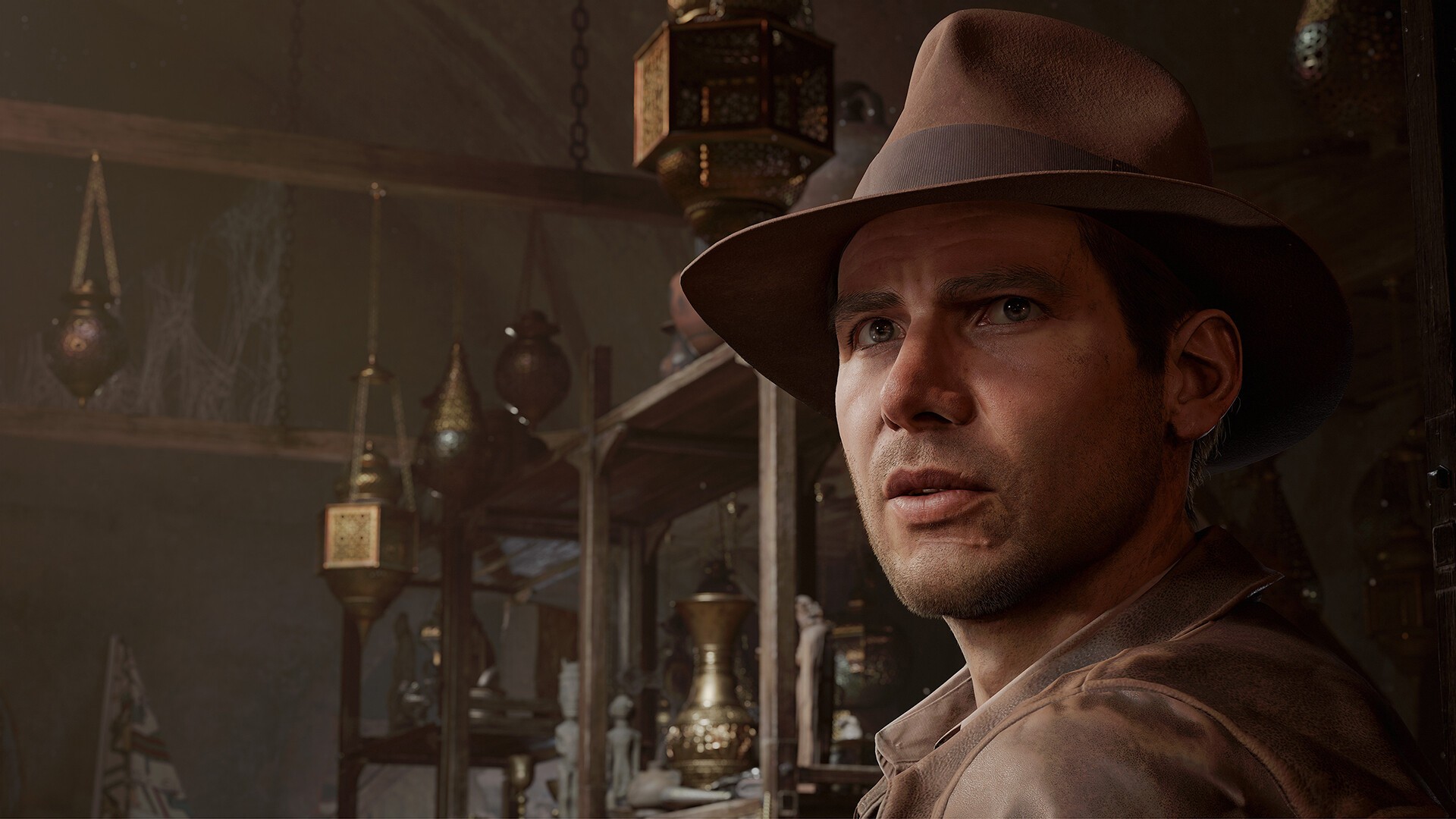Indiana Jones und der Große Kreis: Indy mit Hut in einem dunklen Raum