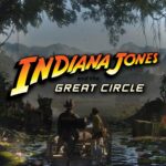 Indiana Jones und der Große Kreis: Boot im Dschungel vor einer Ruine, mit offiziellem Logo