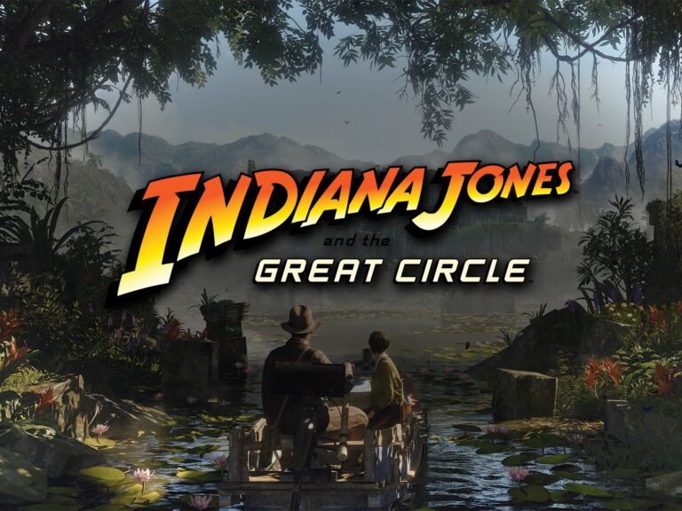 Indiana Jones und der Große Kreis: Boot im Dschungel vor einer Ruine, mit offiziellem Logo