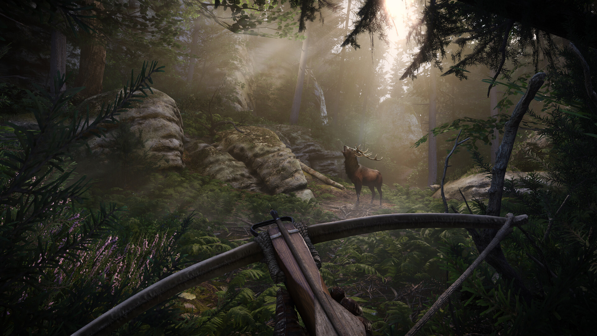 Kingdom Come: Deliverance II Screenshot: Armbrust im Anschlag in einem sonnigen Wald