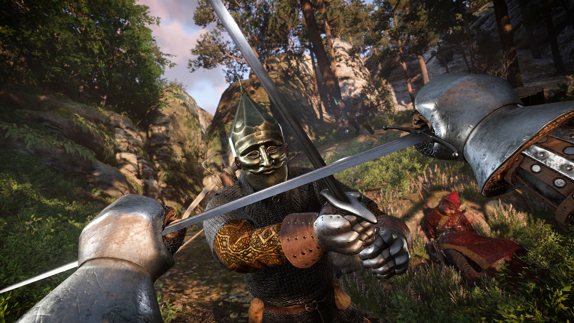 Kingdom Come: Deliverance II Screenshot: Schwertkampf in der Ego-Perspektive im Wald