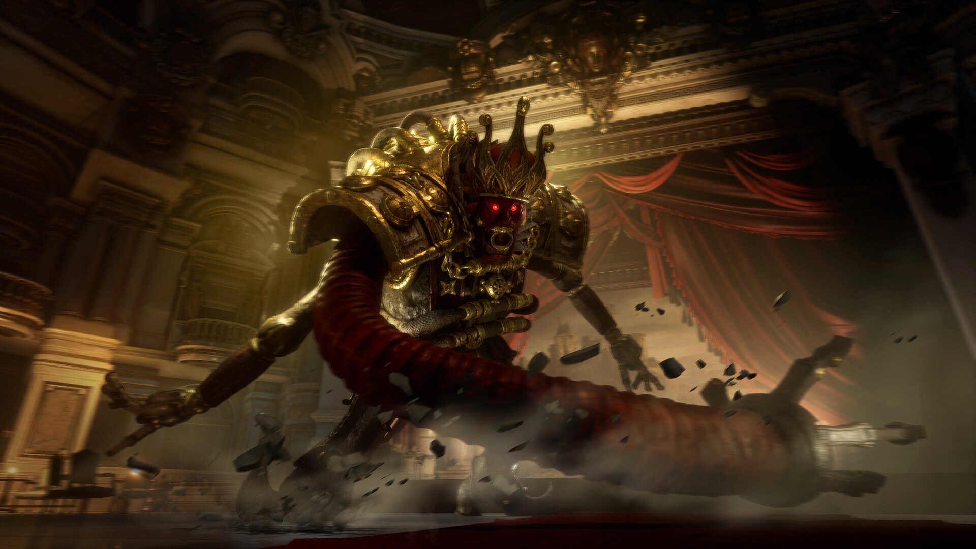 Lies of P: Ein goldener Boss springt durch einen zerstörten Theatersaal