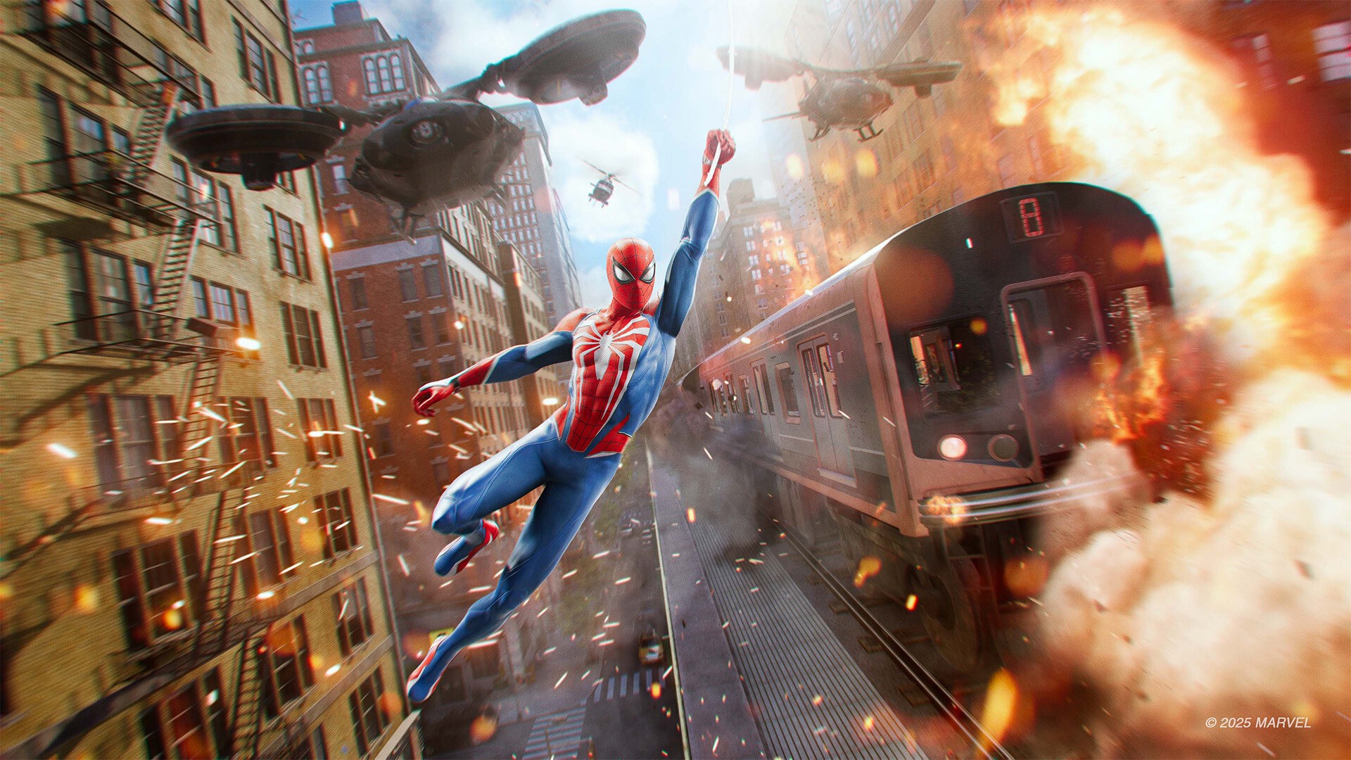 Marvel's Spider-Man 2 – Spider-Man fliegt an einer explodierenden U-Bahn vorbei