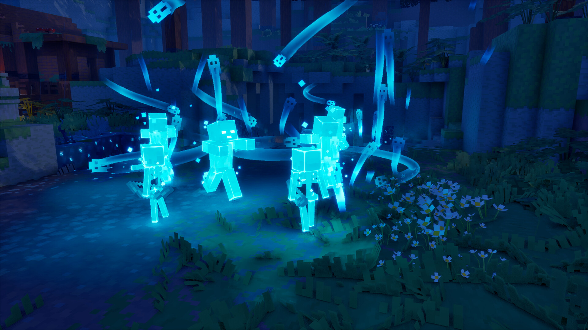 Minecraft Dungeons II: Leuchtende Geister-Skelette greifen in einem nächtlichen Wald an.