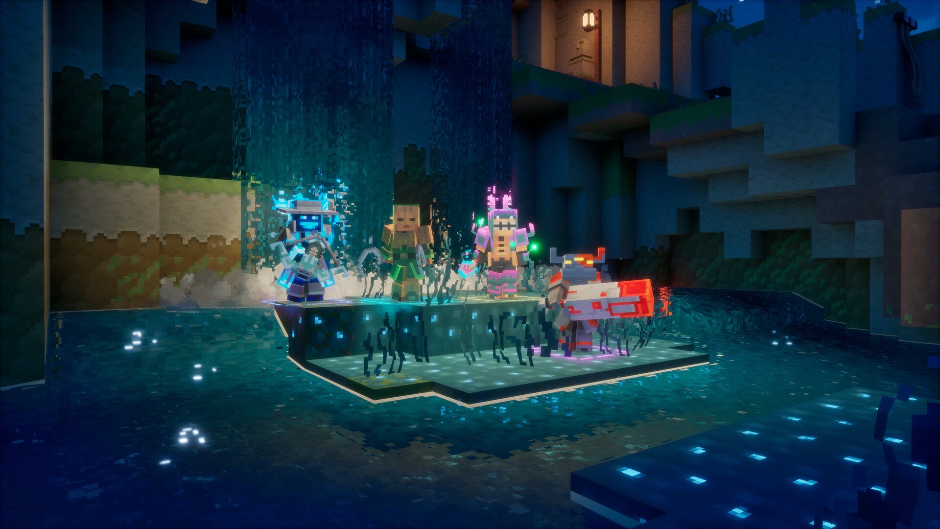 Minecraft Dungeons II: Vier Helden stehen auf einer Plattform in einer dunklen Höhle.