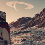 Starfield: Astronaut blickt auf eine Berglandschaft mit Ringplanet