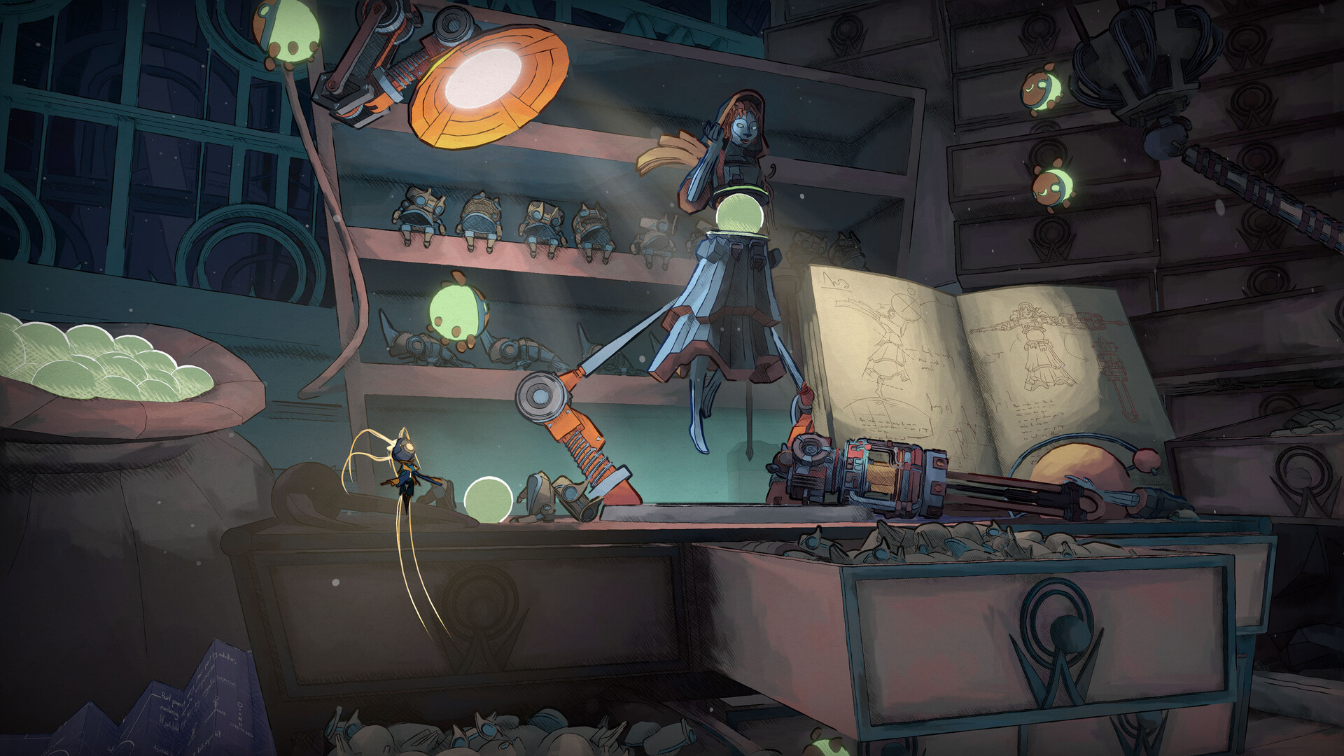 MIO: Memories in Orbit – MIO in einer Werkstatt mit Büchern und Lampen