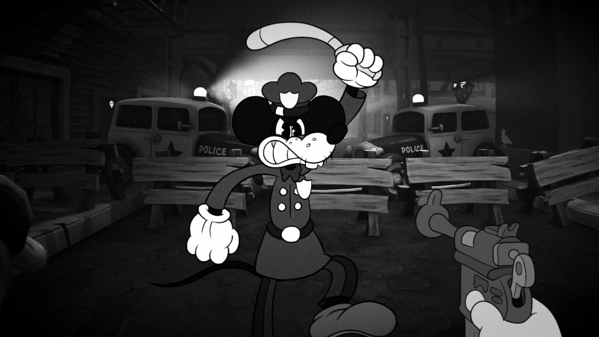 MOUSE: P.I. For Hire – Wütender Polizist vor Streifenwagen in Mausburg