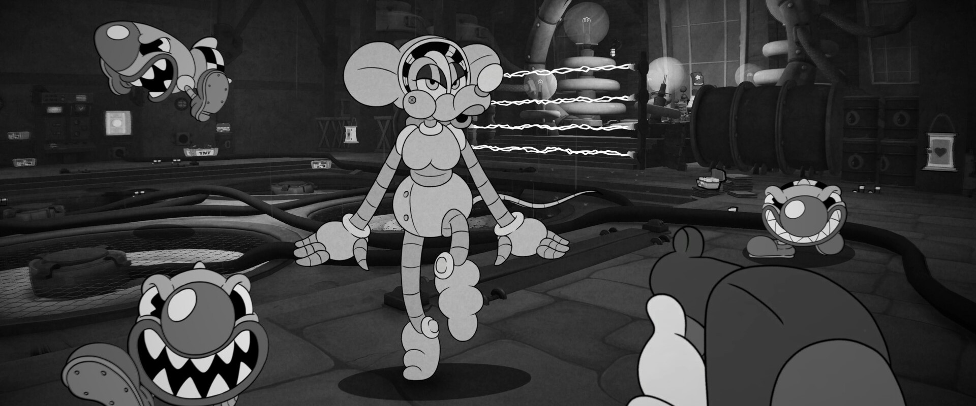 MOUSE: P.I. For Hire – Roboter-Maus und grinsende Gegner in einer Werkstatt