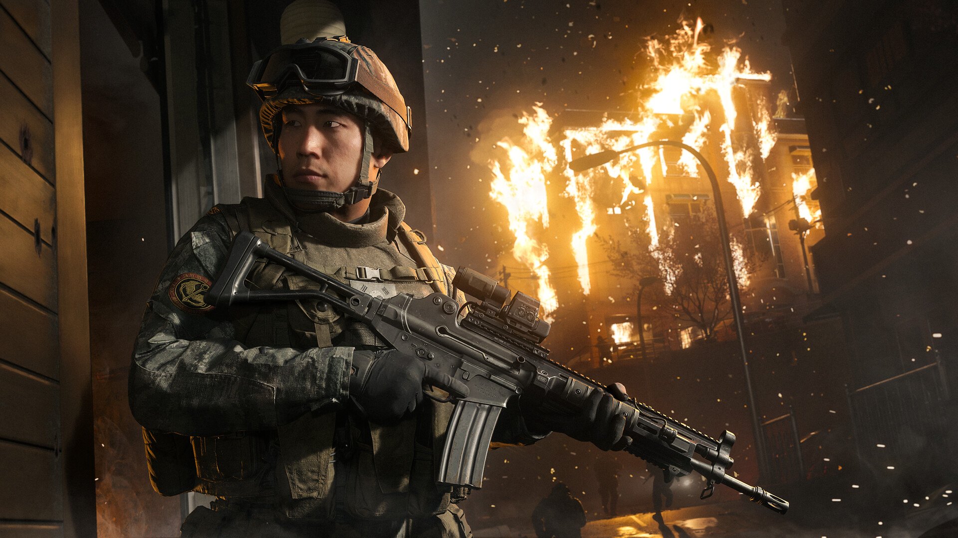 Modern Warfare 4 – Südkoreanischer Soldat in einer brennenden Stadt