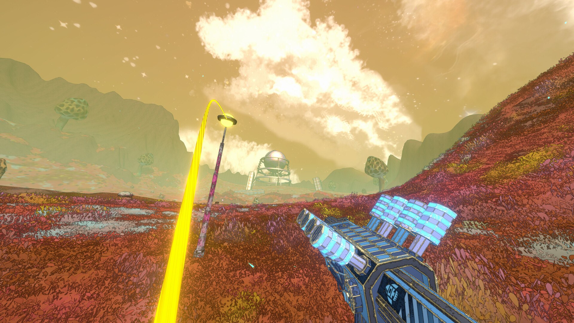 Mycopunk: Waffe mit Lichtstrahl in einer Steppe