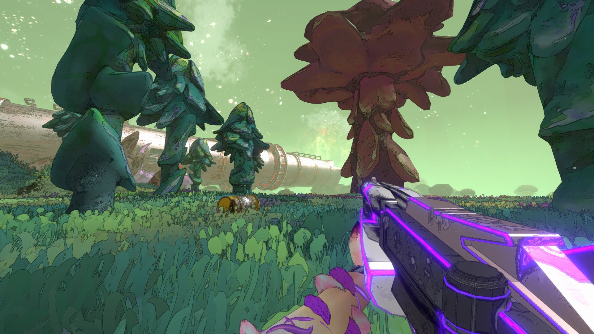 Mycopunk: Violette Waffe in einem Wald