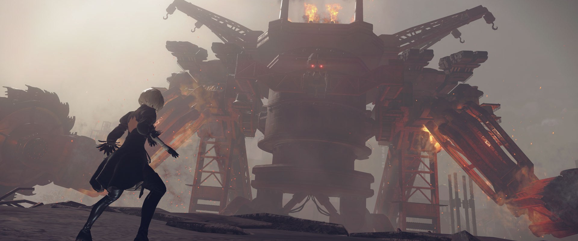 NieR:Automata – 2B vor einer riesigen Maschine