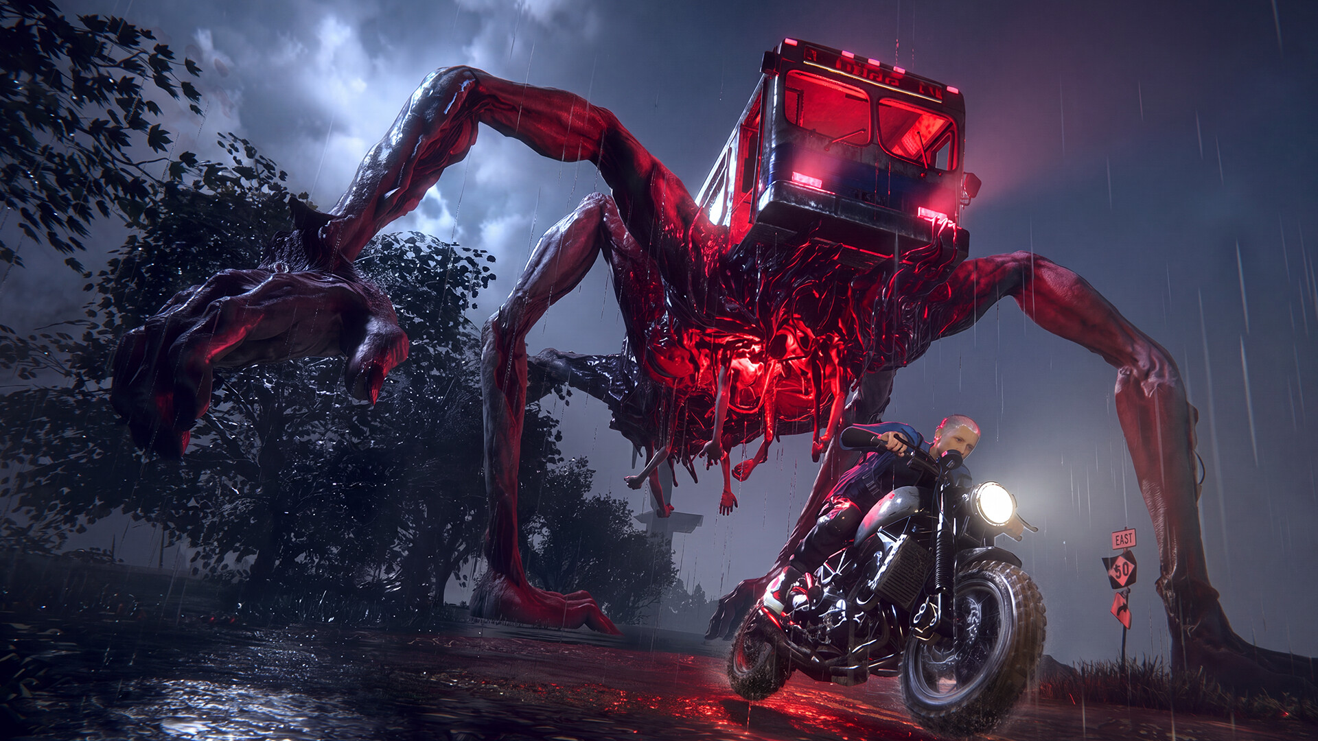 Once Human – Rote Spinnenkreatur und Motorrad