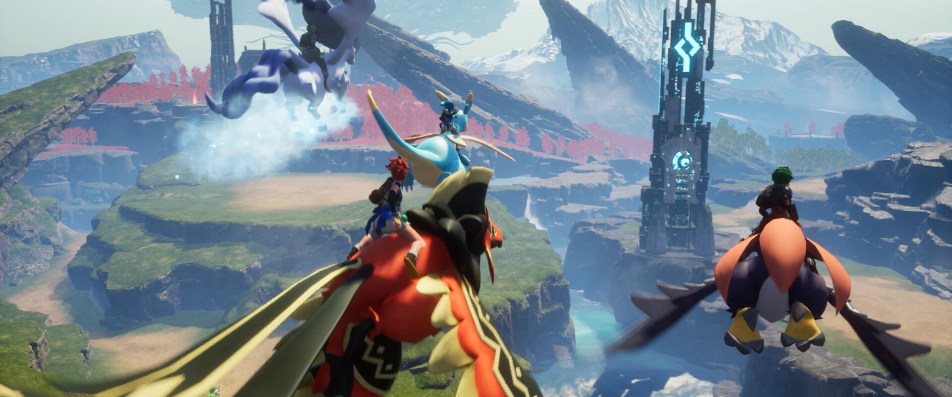 Palworld: Spieler fliegen auf Pals über eine Landschaft