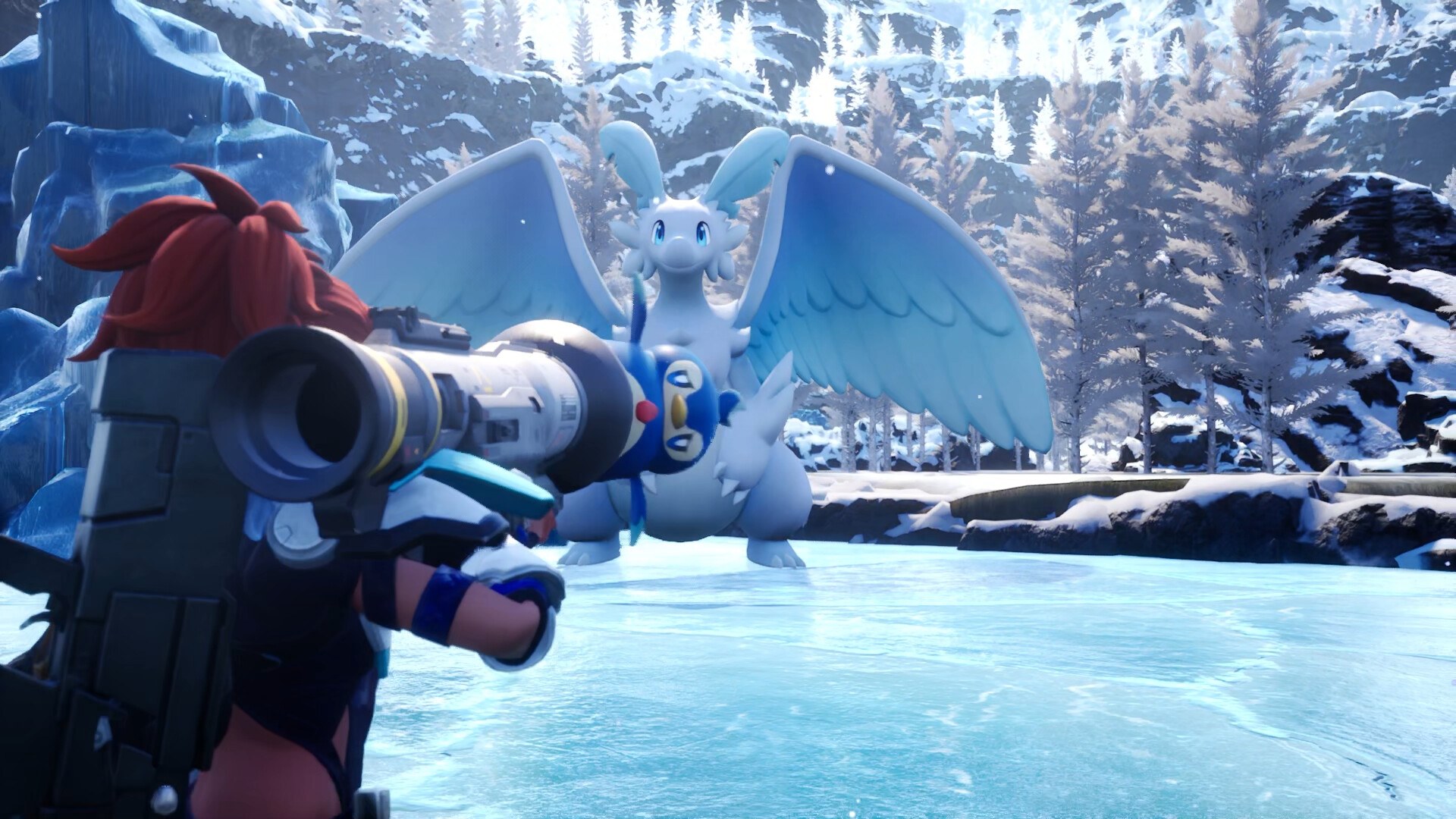 Palworld: Spieler reitet auf einem Eisdrachen