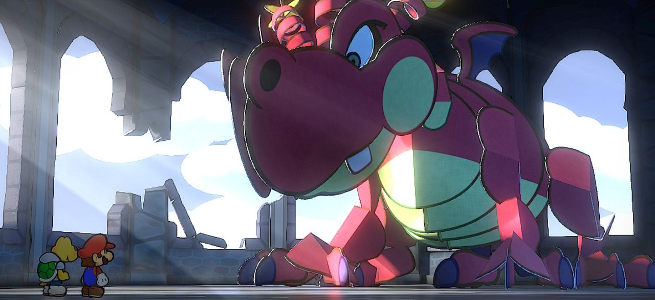 Paper Mario: Die Legende vom Äonentor – Mario und Koops vor einem Drachen