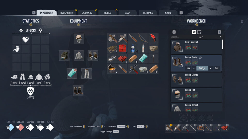 Inventar- und Crafting-Menü in Permafrost
