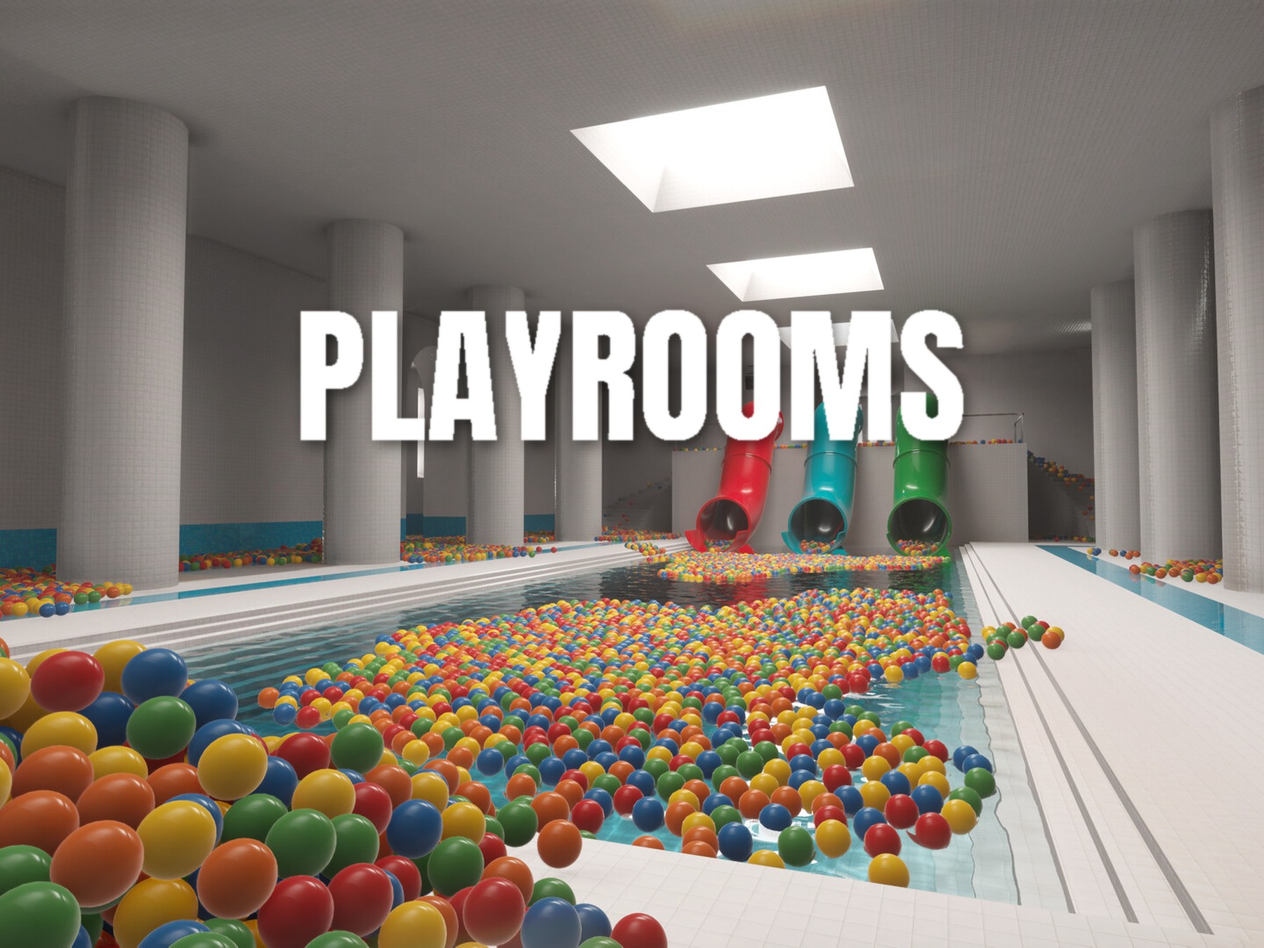 Playrooms Demo – Bällebad im Schwimmbad-Raum mit offiziellem Logo