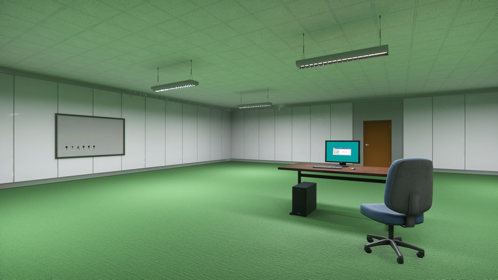 Playrooms Demo – leeres grünes Büro mit Schreibtisch und Computer