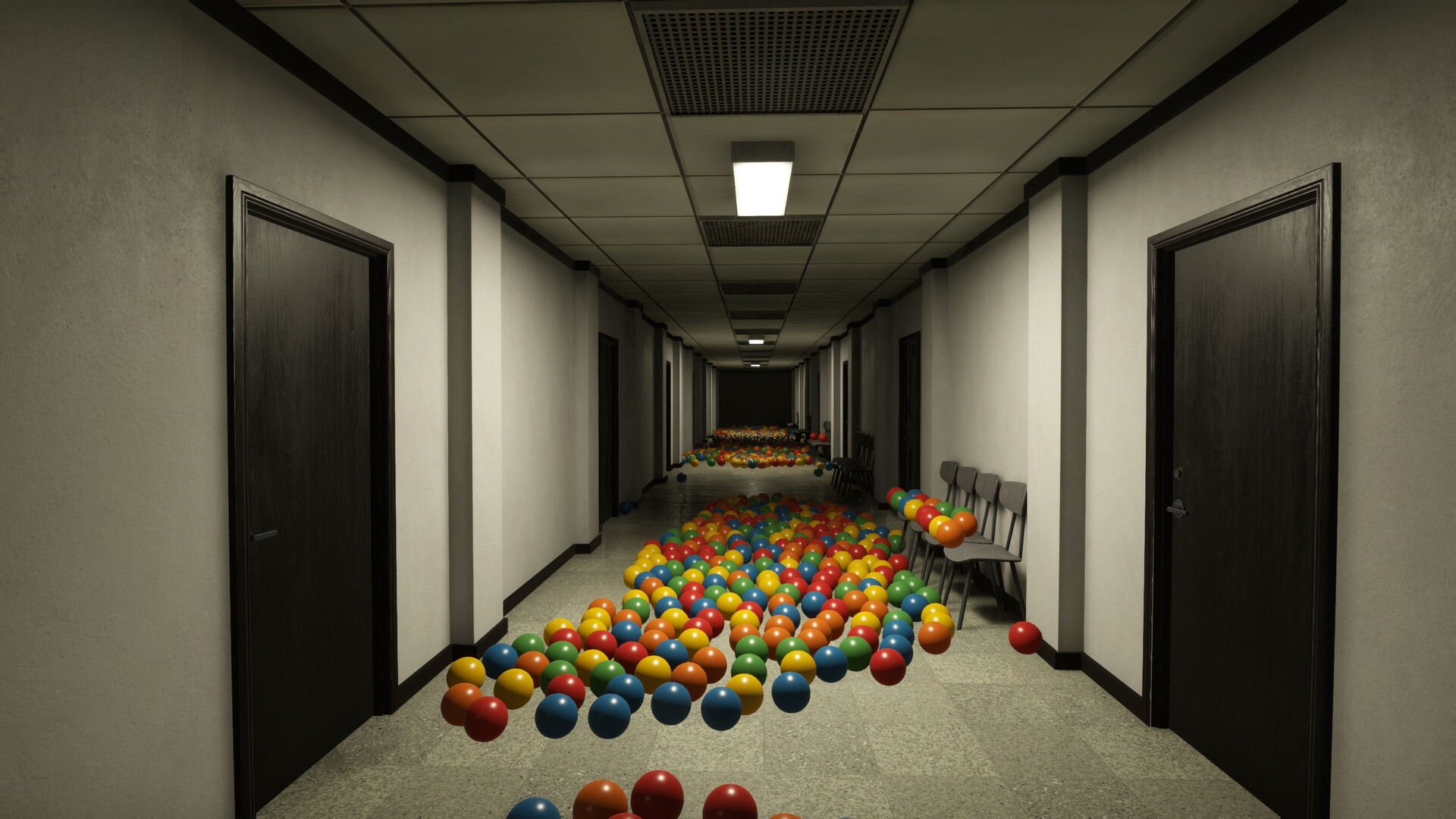 Playrooms Demo – dunkler Flur mit vielen Türen und Bällen
