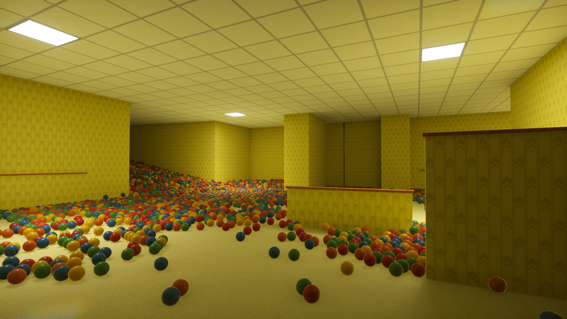 Playrooms Demo – verwinkelte gelbe Gänge mit verstreuten Bällen