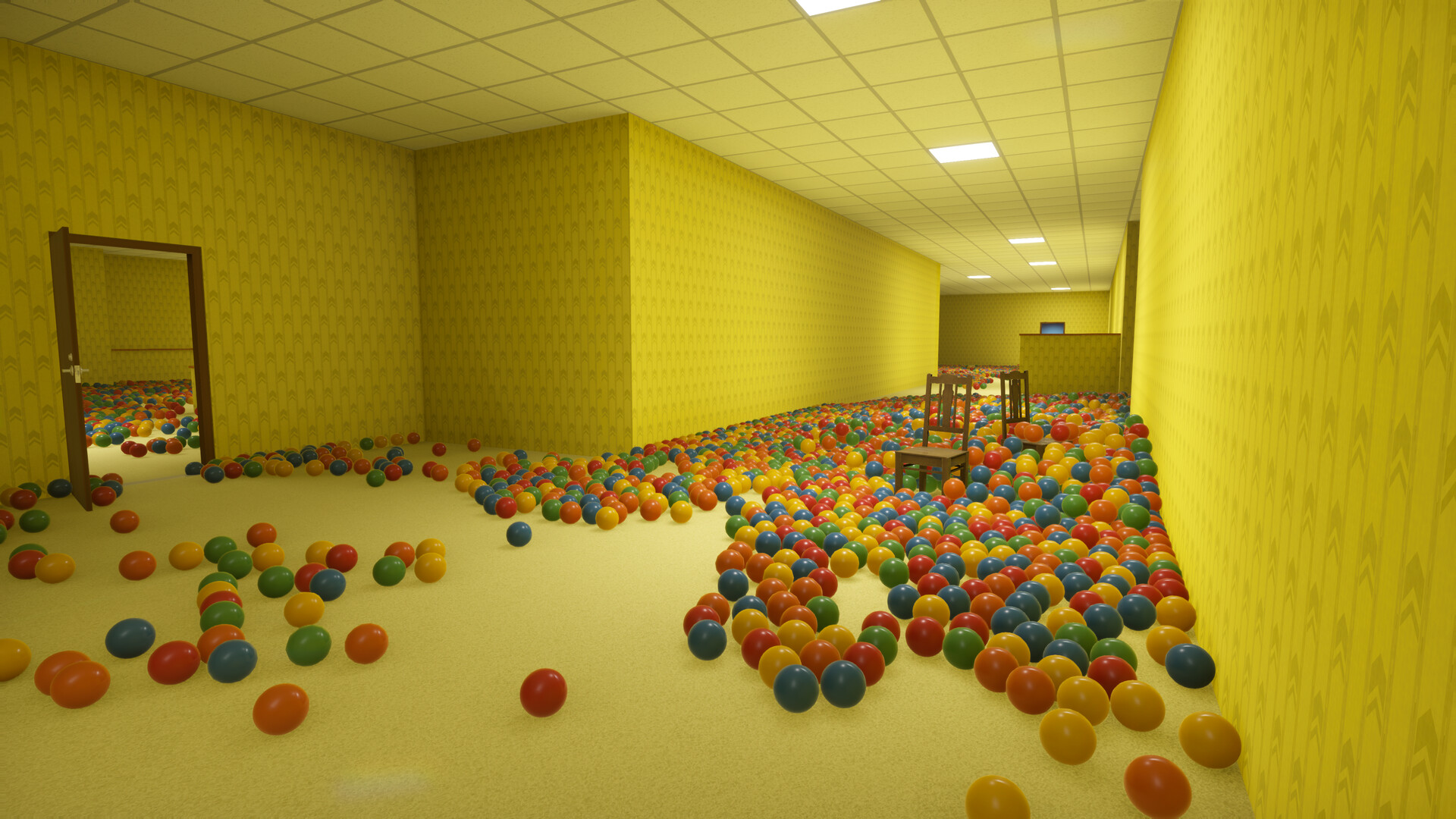 Playrooms Demo – gelber Backrooms-Raum voller bunter Bälle