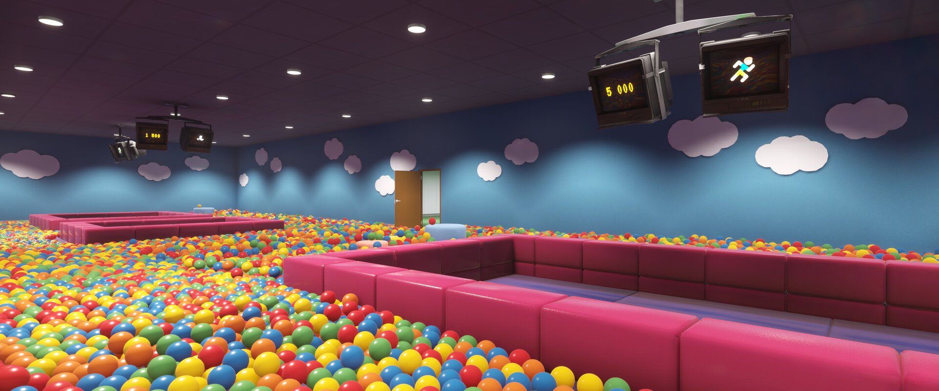 Verlassener Indoor-Spielplatz mit buntem Bällebad