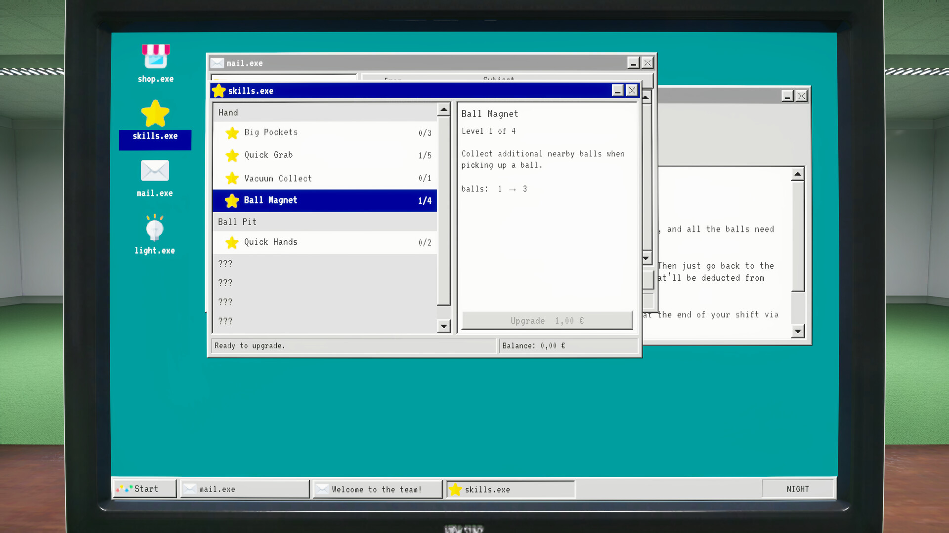 Playrooms Screenshot: Skill-Menü auf einem Retro-Computer mit Ballmagnet-Upgrade