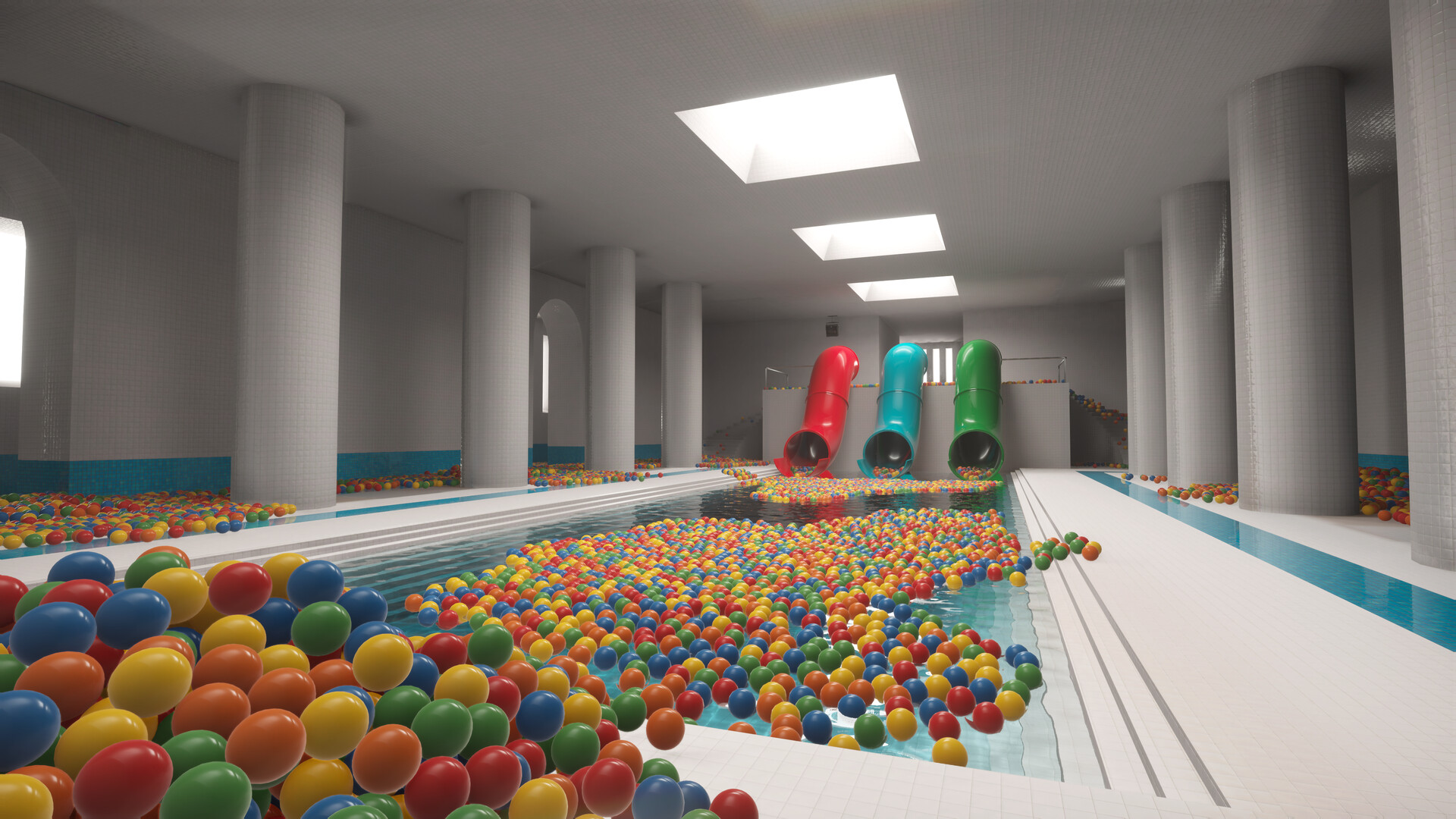 Playrooms Screenshot: Schwimmbad voller bunter Bälle mit Röhrenrutschen