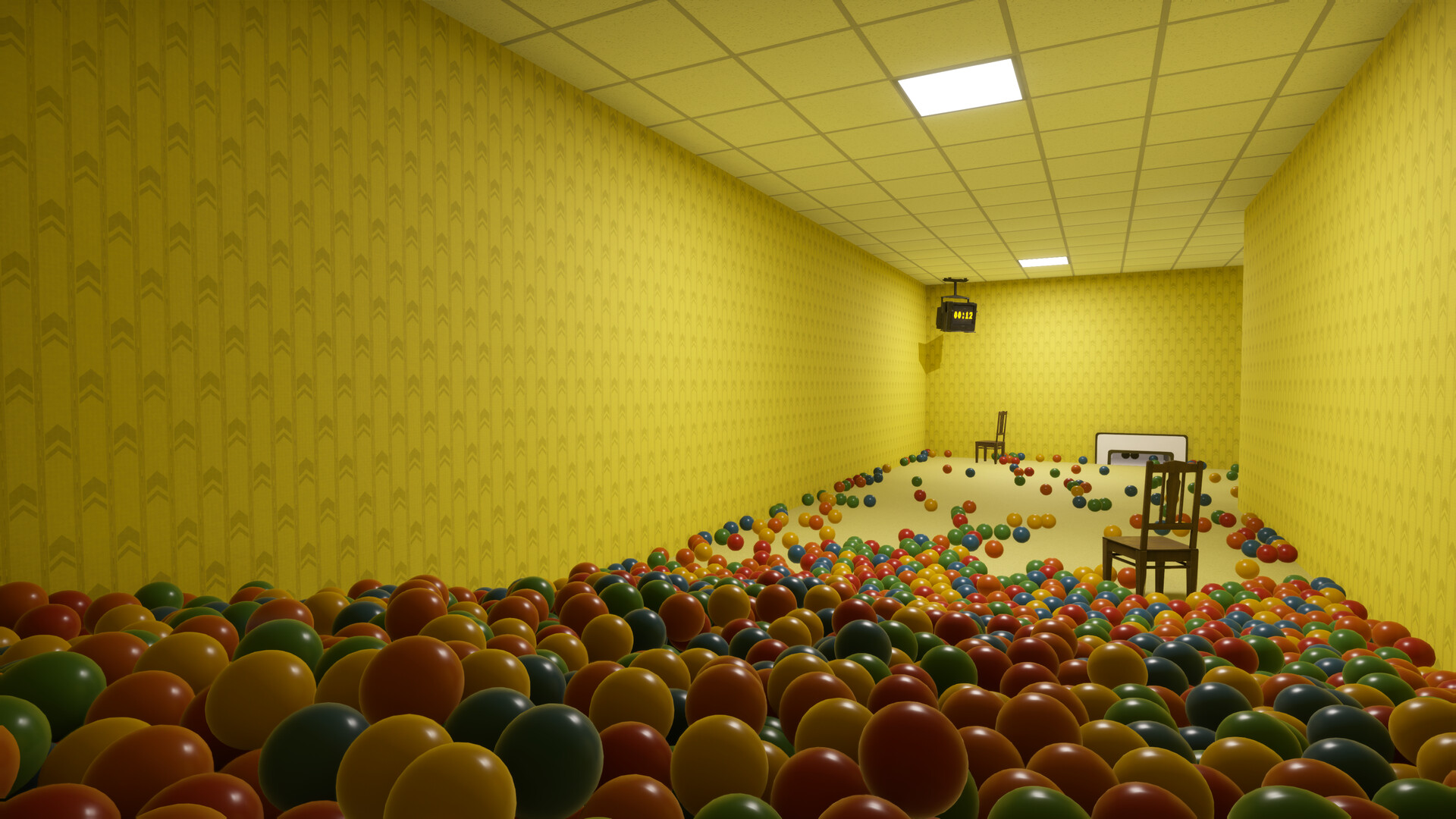 Playrooms Screenshot: Gelber Backrooms-Raum voller Bälle