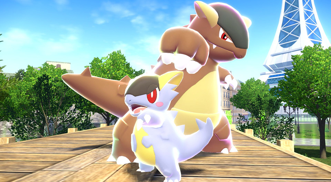 Pokémon-Legenden: Z-A – Kangama mit Baby auf einem Holzweg