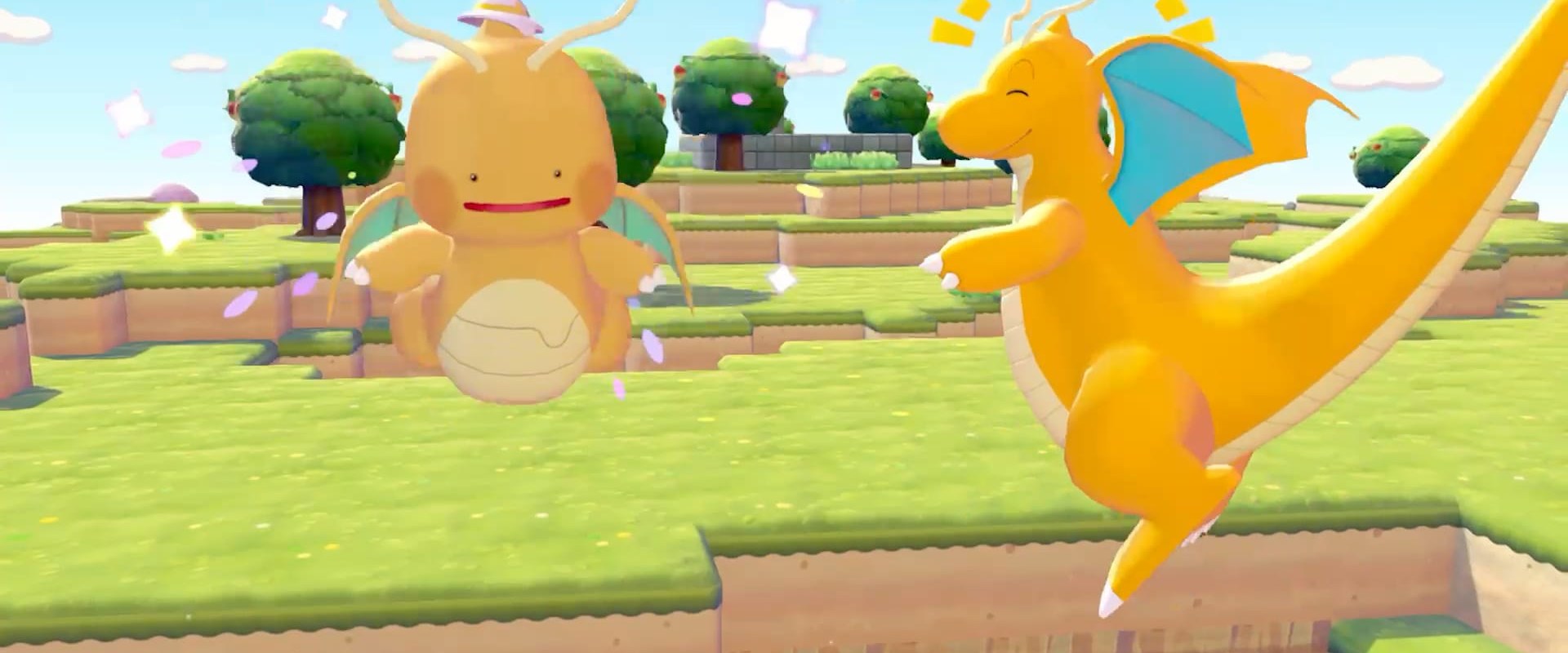 Pokémon Pokopia – Ditto in Dragoran-Gestalt neben einem Dragoran