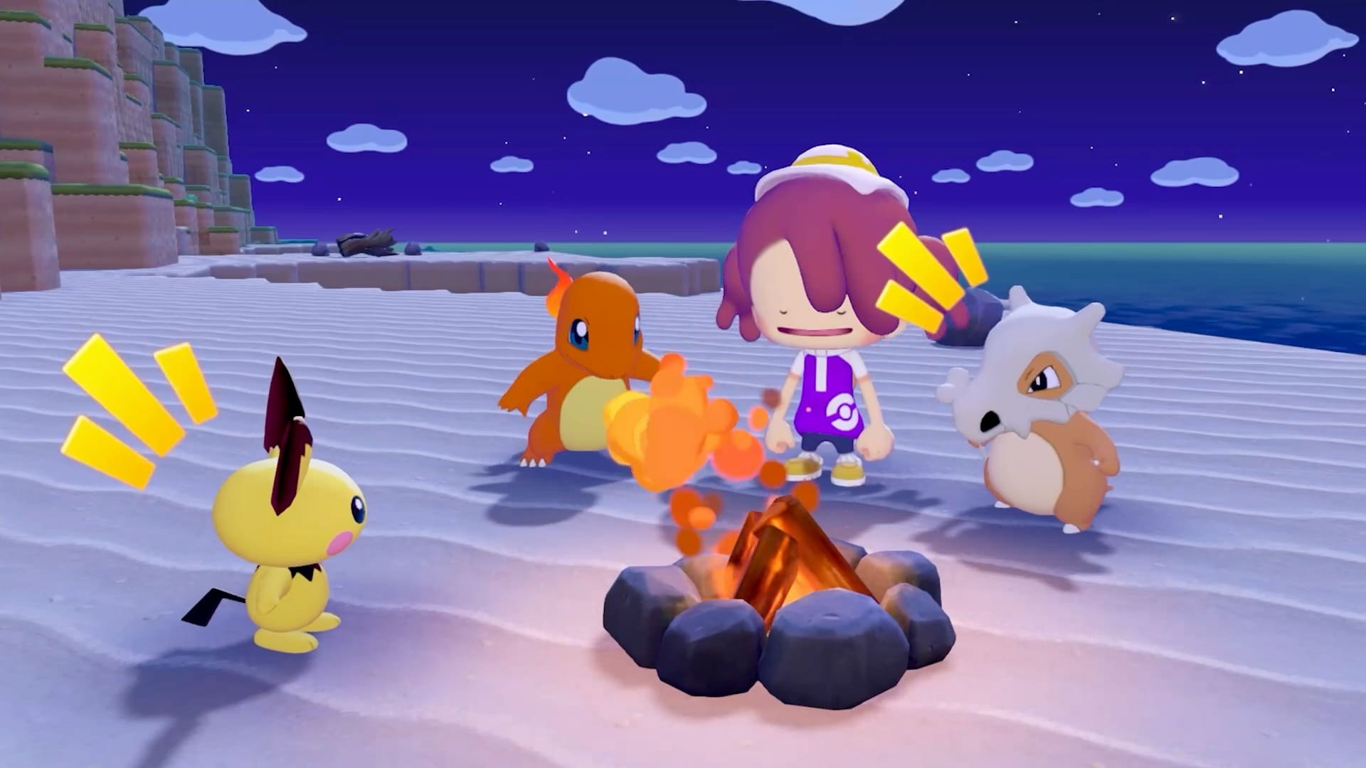 Pokémon Pokopia – Pichu, Glumanda und Tragosso am nächtlichen Lagerfeuer am Strand