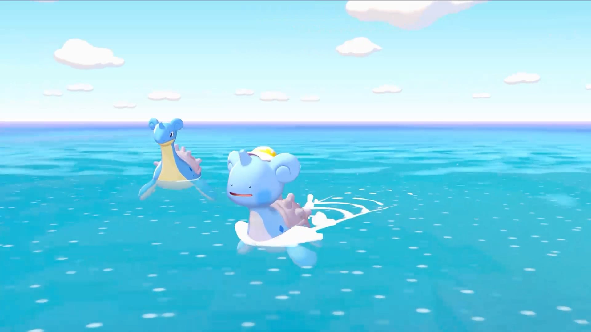 Pokémon Pokopia – Ditto schwimmt in Lapras-Gestalt neben einem Lapras über das Meer