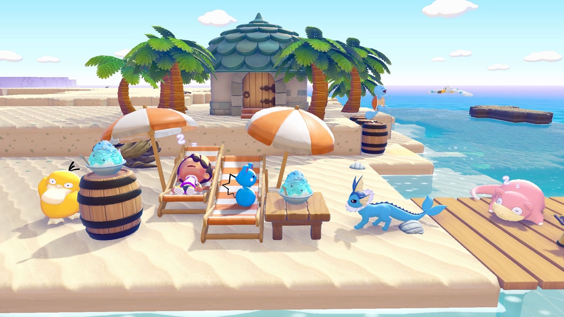Pokémon Pokopia – Ditto entspannt im Liegestuhl am Strand, daneben Aquana