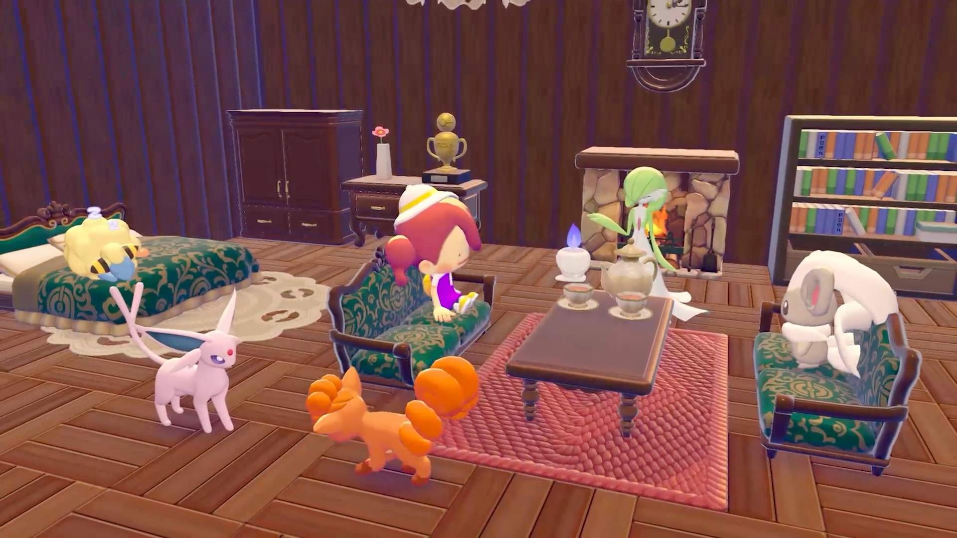 Pokémon Pokopia – Gemütlich eingerichtetes Wohnzimmer mit Psiana, Vulpix und weiteren Pokémon