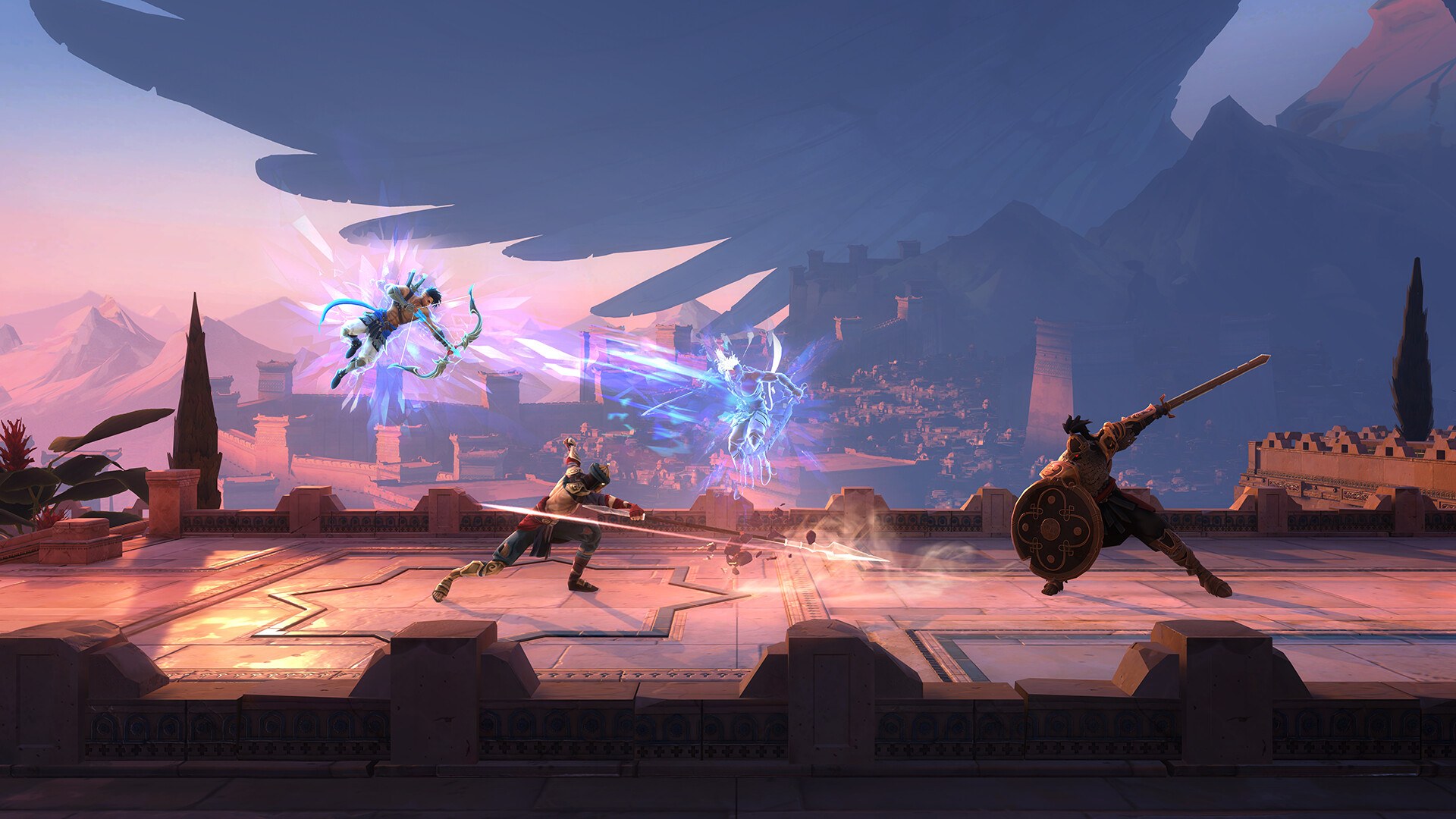 Prince of Persia: The Lost Crown – Kampf auf einer Dachterrasse in der Abenddämmerung