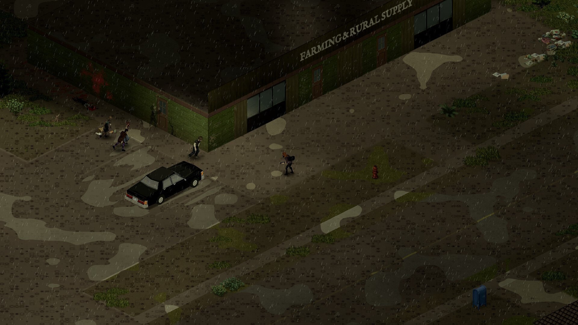 Project Zomboid – Auto vor einem Farmbedarfsladen am Stadtrand