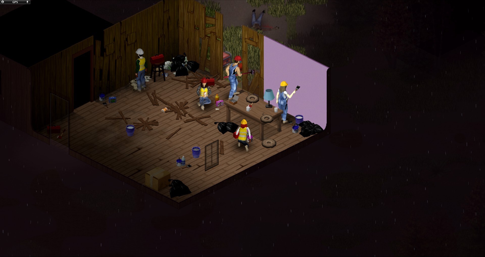 Project Zomboid – Überlebende verbarrikadieren ein Holzhaus
