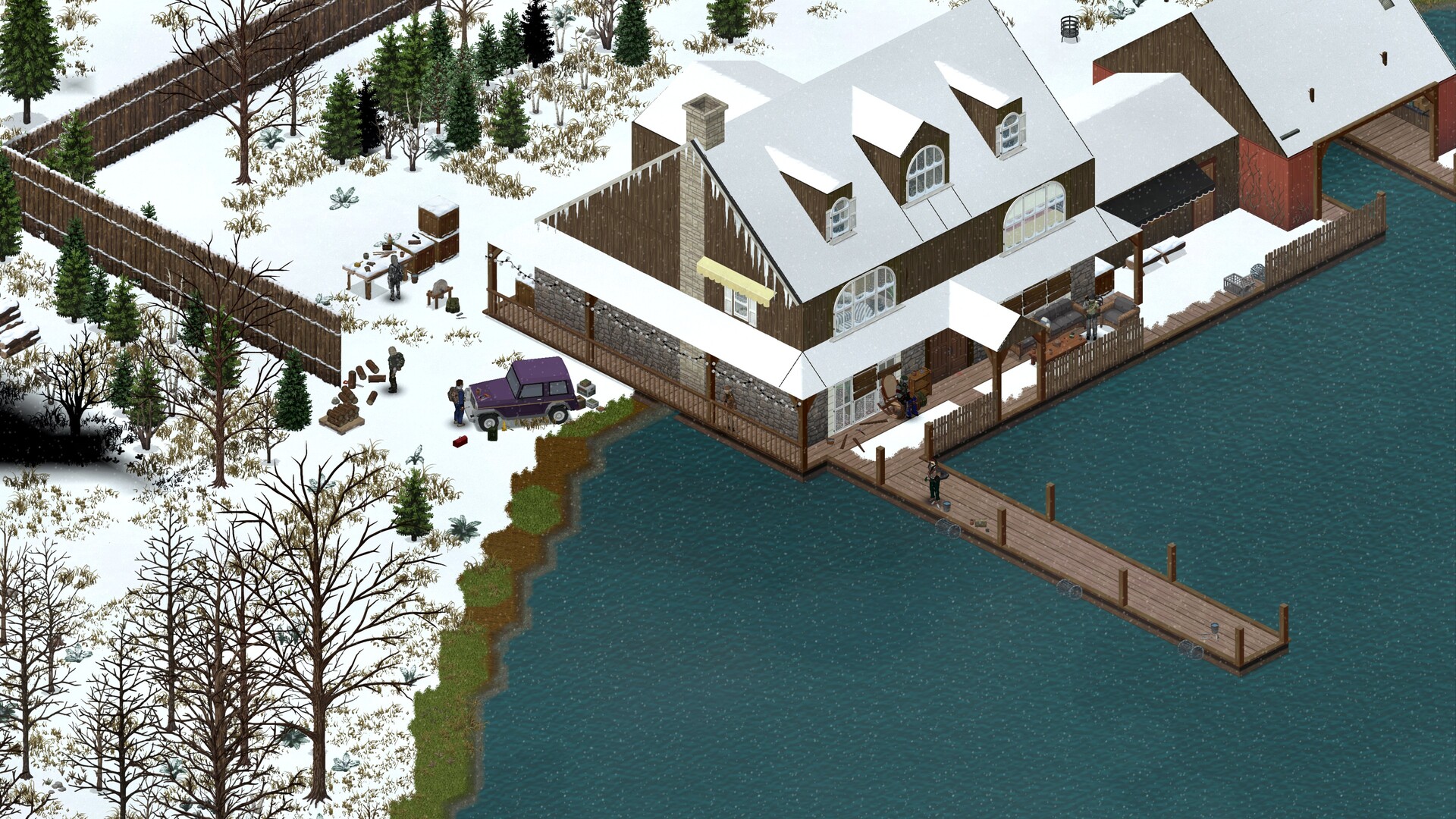 Project Zomboid – Verschneites Haus am See mit Steg im Winter