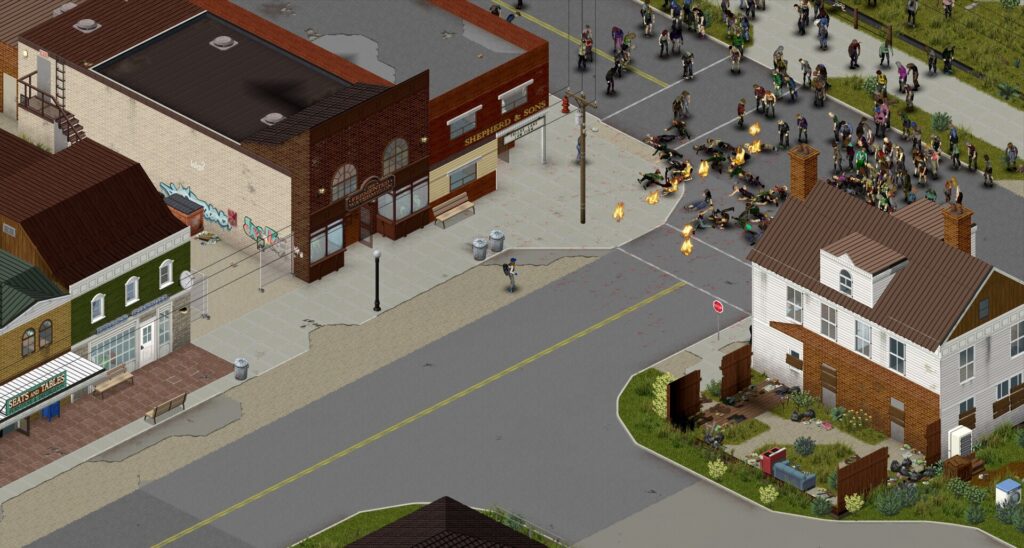 Project Zomboid – Zombiehorde auf einer Kreuzung in der Stadt