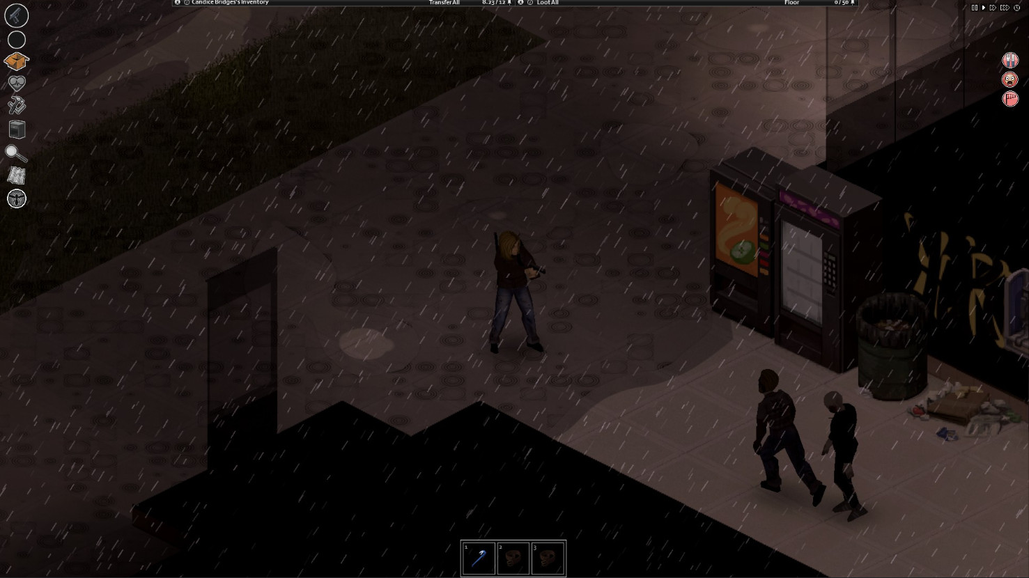Project Zomboid – Zombies im nächtlichen Regen vor Automaten